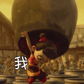 a cartoon girl is holding a large pot on her head .