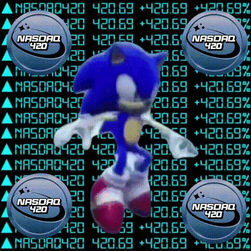 sonic the hedgehog is dancing in front of a wall of nasdaq shares