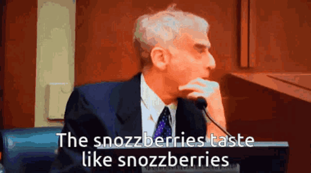 a man in a suit and tie talking into a microphone with the words the snozzberries taste like snozzberries below him