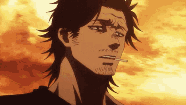 a man with a cigarette in his mouth against a cloudy sky