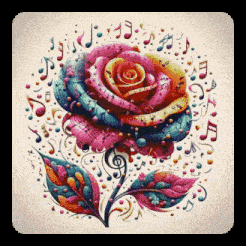 a colorful rose is surrounded by musical notes and leaves