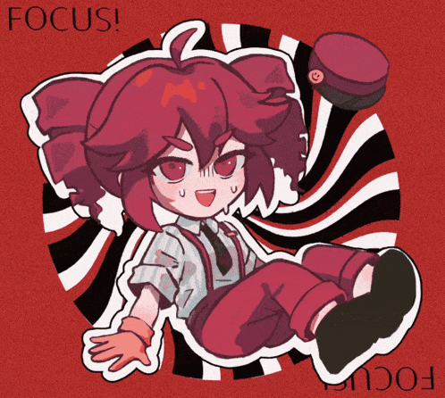 a drawing of a girl with red hair and the words focus