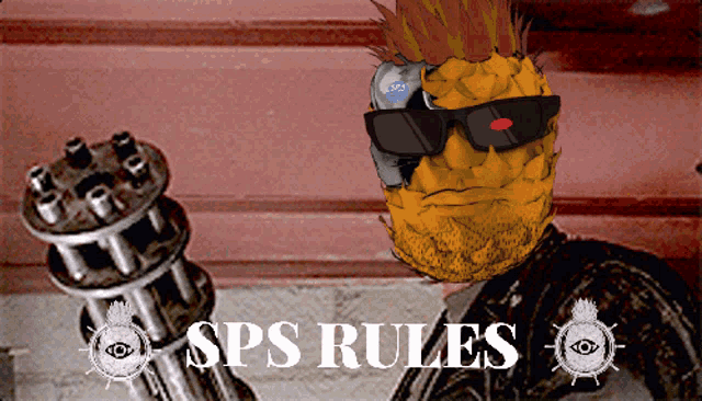 a picture of a pineapple wearing sunglasses and holding a gun with the words sps rules below him