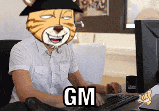 a man wearing a cat mask is typing on a computer keyboard with the word gm written below him