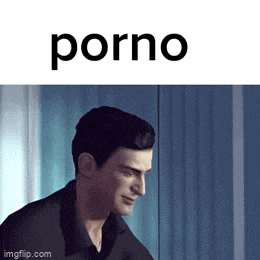 a man is sitting in front of a blue curtain and the word porno is above him