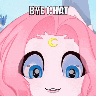 a cartoon girl with pink hair and a crescent moon on her forehead says bye chat