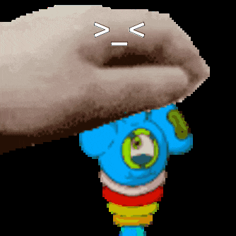 a pixel art of a hand holding a toy with a smiley face on it
