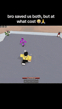 a screenshot of a video game that says " bro saved us both but at what cost "
