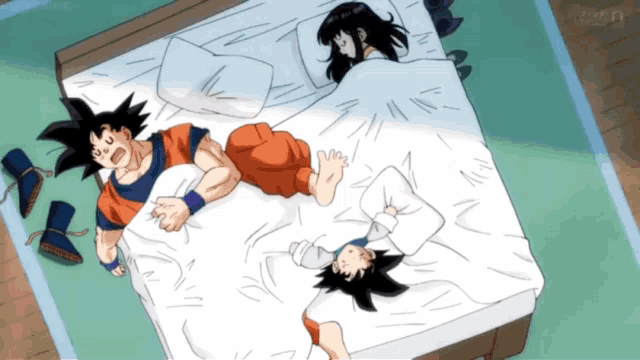 a couple of anime characters laying on a bed with a tv screen behind them that says tokyo