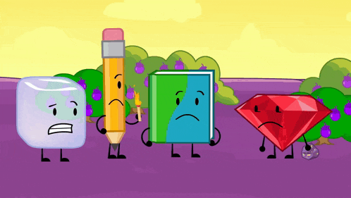 a cartoon ice cube a pencil a book and a diamond with sad faces
