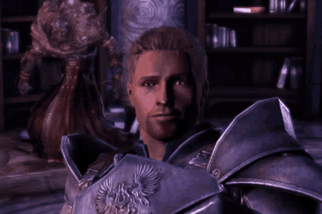 a man in armor with a shield on his chest