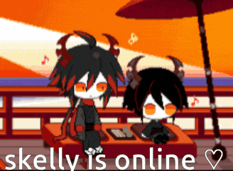 a pixel art drawing of two demons with the words " skelly is online " below them