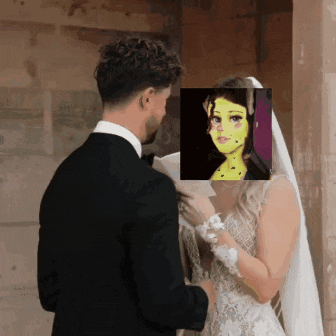 a bride and groom are looking at each other with a painting of a woman behind them