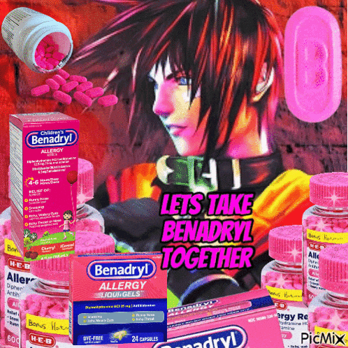 a box of benadryl allergy medication surrounded by other benadryl products