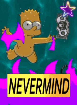 bart simpson is swimming in a pool with a sign that says " nevermind "