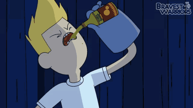 a cartoon of a boy drinking from a bottle with the words bravest warriors on the bottom