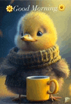 a yellow duck wearing a scarf and a yellow cup of coffee .
