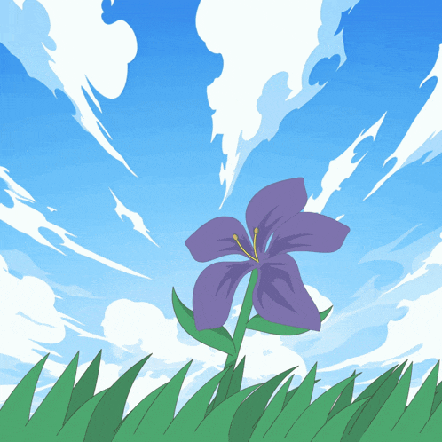 a purple flower with a yellow center stands in the grass