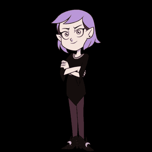 a cartoon character with purple hair and glasses stands with her arms crossed