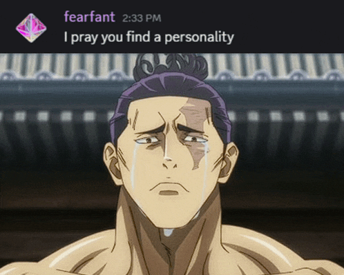 a cartoon of a man with tears in his eyes and a message from fearfant 2:33 pm