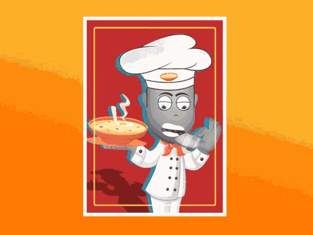 a cartoon chef is holding a bowl of soup in his hands