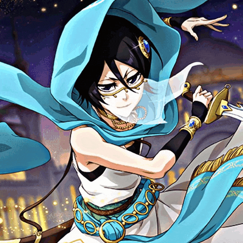 a drawing of a woman with a blue scarf around her head holding a sword