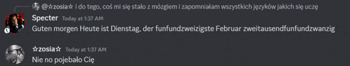 a screenshot of a chat with specter and zosia