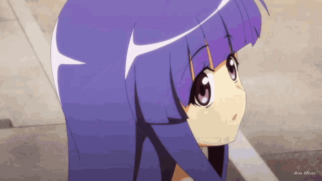 a close up of a girl with purple hair and a white stripe on her head