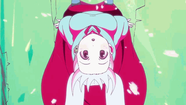a girl with white hair is upside down in a red and blue outfit