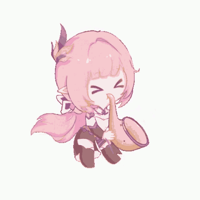 a girl with pink hair is playing a trumpet .