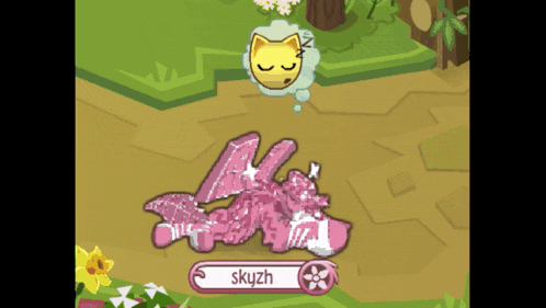 a pink rabbit is laying on the ground in a game called skyzh