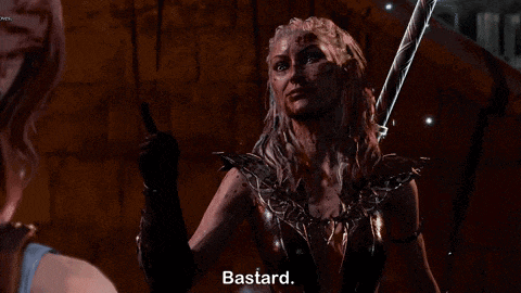 a woman holding a sword says bastard in a video game