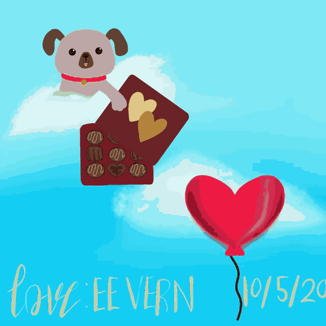 a drawing of a dog holding a box of chocolates and a heart balloon with the date 10/5/20