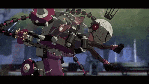 a cartoon character is being held up by a robot with a cross on it