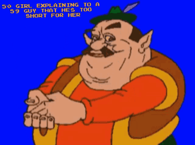 a cartoon character is explaining to a girl that he is too short for her