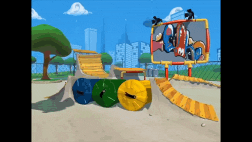 a cartoon drawing of a playground with a sign that says ' a ' on it