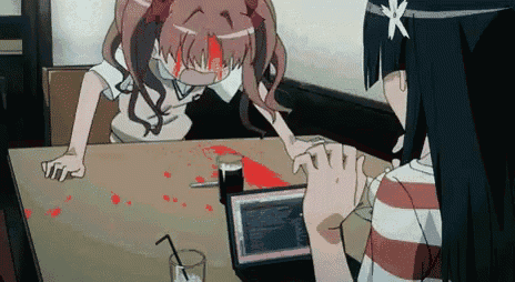 two anime girls are sitting at a table with a laptop and a glass of milk