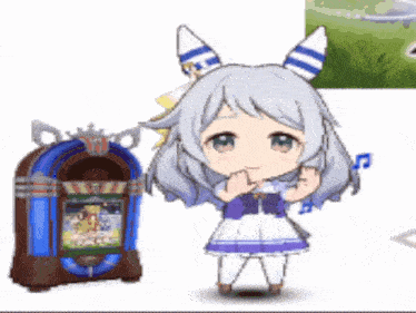 a little girl is standing next to a jukebox with a picture on it