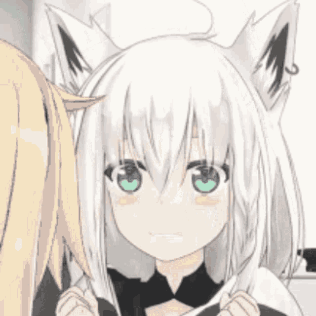 a girl with white hair and green eyes is standing next to a girl with blonde hair .