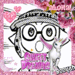 a picture of a girl with glasses and a unicorn says sweet dreams