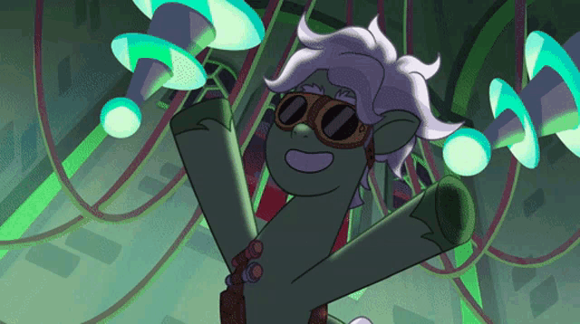 a cartoon drawing of a pony wearing goggles and sunglasses