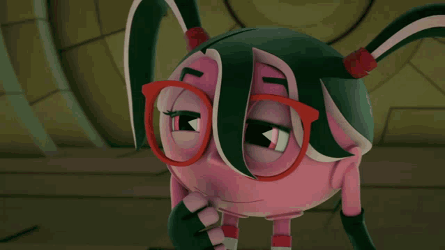 a pink and green cartoon character wearing glasses and a glove