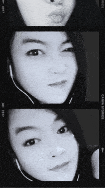 a black and white photo of a woman with the words canva stories on the bottom right