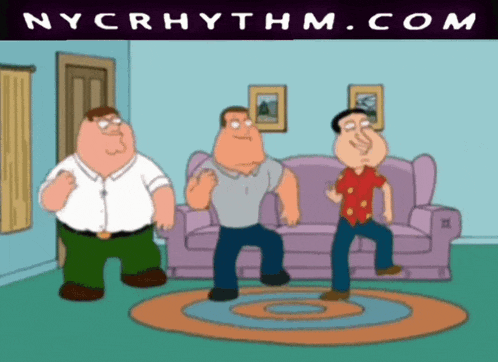 three cartoon characters are dancing in front of a purple couch
