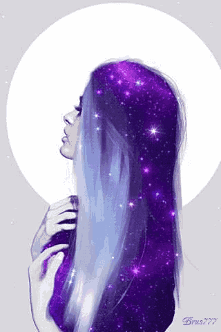 a woman with long purple hair is surrounded by stars .