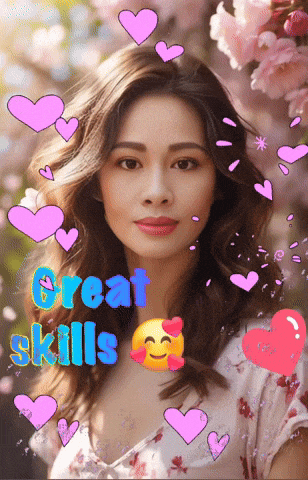 a woman is surrounded by pink hearts and the words great skills are above her