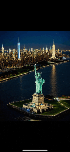 an aerial view of the statue of liberty and new york city skyline at night