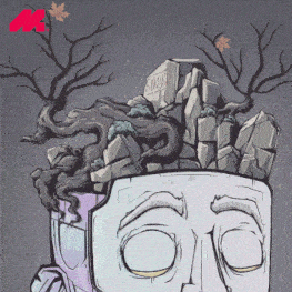 a cartoon drawing of a man with a tree growing out of his head and a tombstone that says smuka