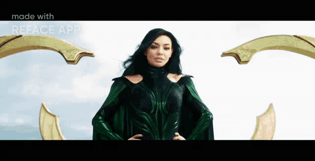 a woman in a green and black superhero costume is standing in front of a cloudy sky made with reface app