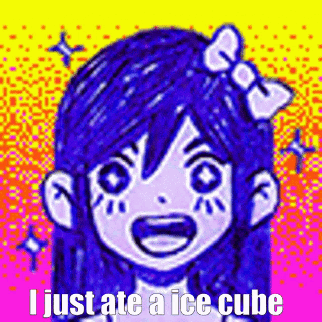 a girl with blue hair and a bow on her head is smiling and says i just ate a ice cube